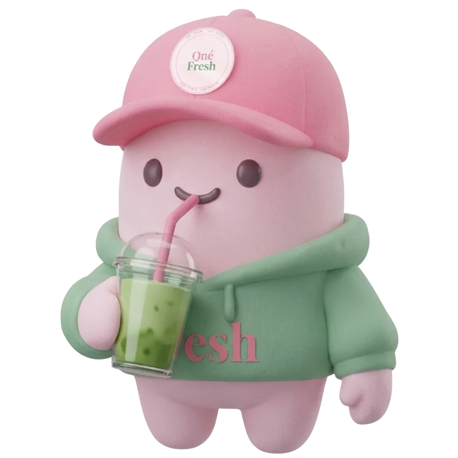 Fresh, la mascota de Qué Fresh, tomando un matcha